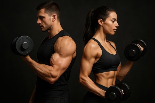 Fit couple performing dumbbell bicep curls together against dark background - Powered by Adobe