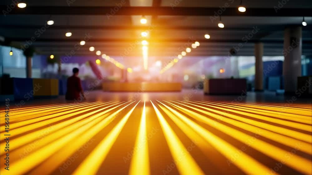 Poster a perspective view of a surface with illuminated lines, creating a warm glow, likely in a spacious, 