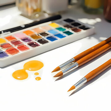 A set of watercolor paints and bruses on a clean desk