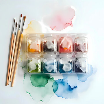 A set of watercolor paints and bruses on a clean desk