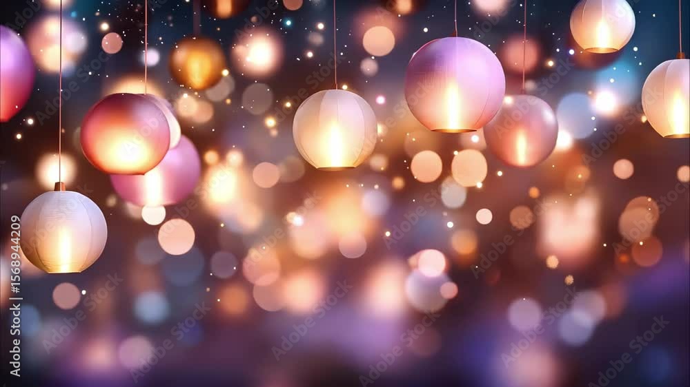 Poster colorful hanging lanterns with a blurred, glowing bokeh background create a festive and dreamy atmos