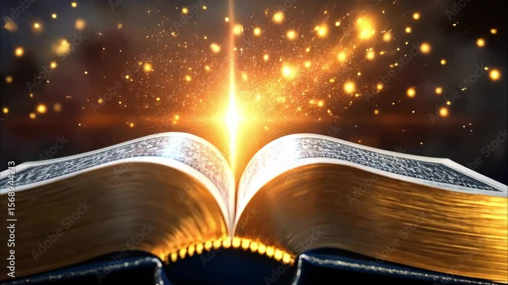 Poster an open book with glowing light and sparkles emanating from its pages, symbolizing knowledge or insp