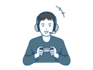 ゲームして遊ぶ若い男性のイラスト
