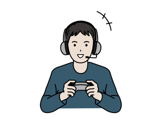 ゲームして遊ぶ若い男性のイラスト