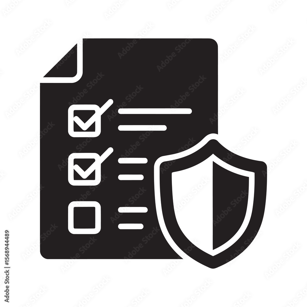 Poster secure checklist glyph icon with a shield for data protection policy process compliance verification