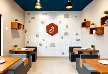 Restaurant Branding and Interior of Traditional. Modern restaurant interior with simple decor and wooden tables.