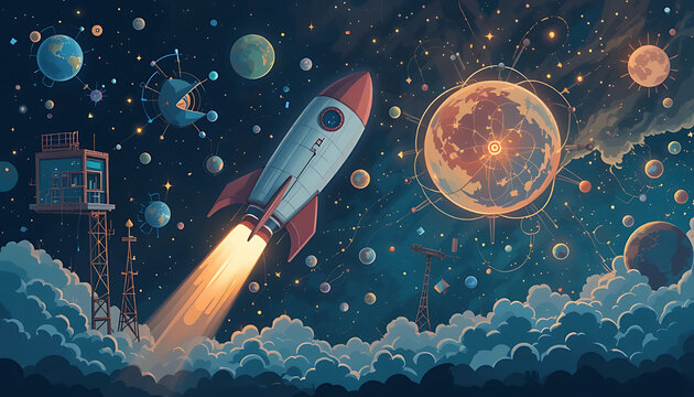 fantasy outer space landscape, rocket ship launching into night sky, glowing planet, floating cities, colorful celestial bodies, dramatic lighting, cinematic, highly detailed, digital art, epic, 8k 