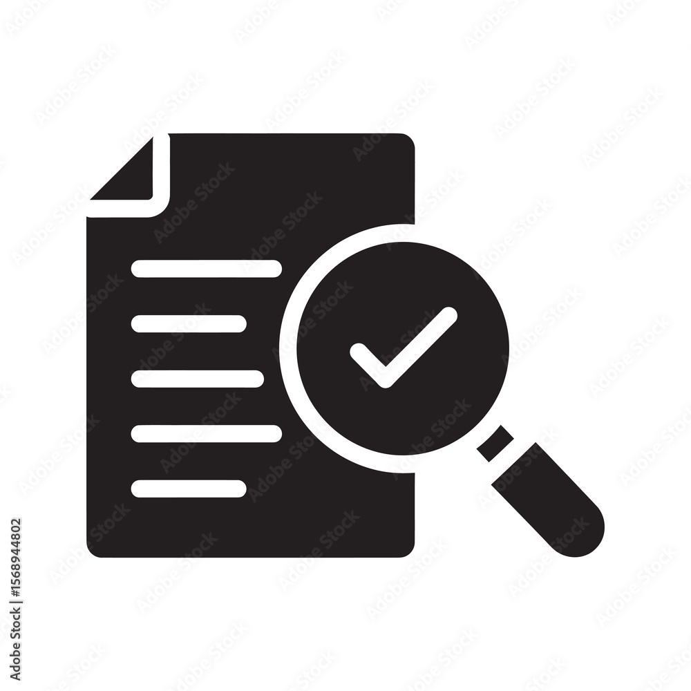 Poster document audit glyph icon with magnifying glass and checkmark for quality assessment inspection proc