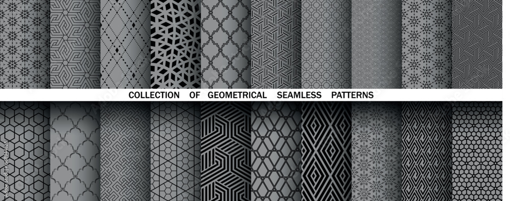 Poster Geometric set of seamless black and gray patterns. Simple vector graphics