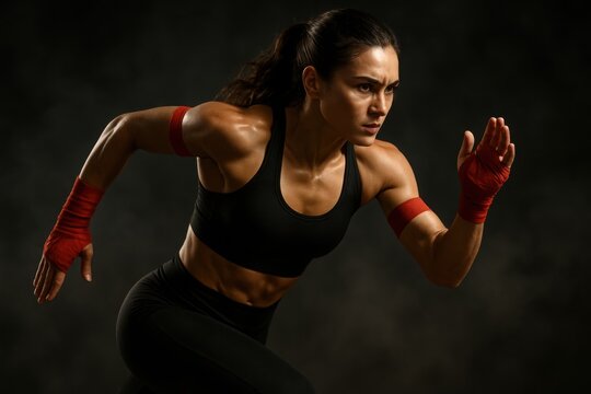 Determined muscular woman in athletic wear with red wrist wraps running forward