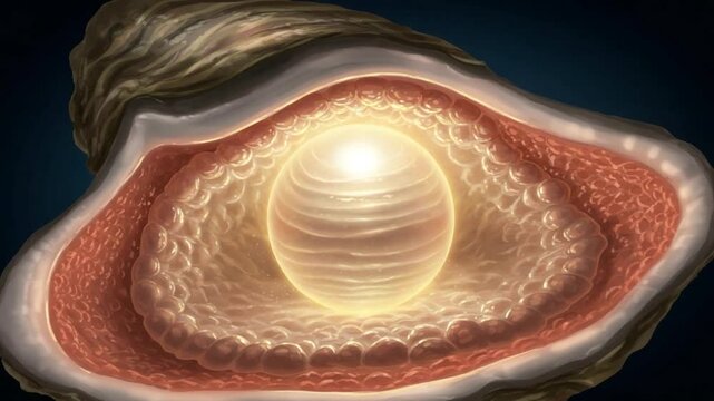 Intricate oyster shell revealing a luminous pearl inside
