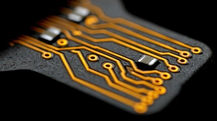 Macro view of a black circuit board with illuminated golden traces and components on a dark background
