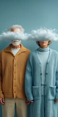 Elderly man and woman stand with faces obscured by a fluffy white cloud