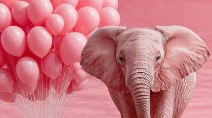 Pink elephant stands near a cluster of pink balloons against a soft pink sky