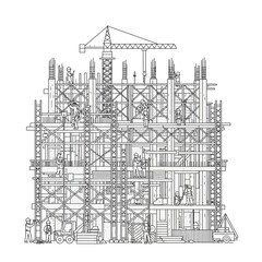 Detailed line drawing of a construction site with workers, scaffolding, a crane, and various construction vehicles.