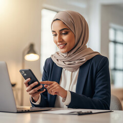 arab saudi arabian woman using a mobile phone. Beautiful portrait of Middle Eastern muslim businesswoman manager using cell phone mobile. Smiling young indian woman wearing hijab.