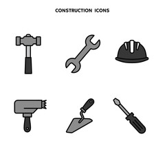 Set of simple, grayscale construction icons, including a hammer, wrench, hard hat, drill, trowel, and screwdriver.