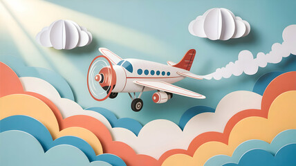 Whimsical Airplane Soars Through Sunny Skies Amidst Papercut Clouds and Colorful Stratus Layers