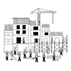 Construction workers build a multi-story building using scaffolding, cranes, and various tools.