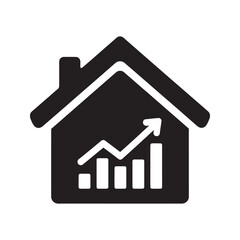 Property value growth glyph icon with a house and rising bar chart for real estate market investment success and increasing housing demand