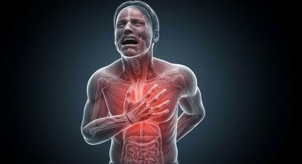 Person Experiencing Chest Pain. Emergency Concept of Heart Attack and Heart Failure, Cardiac Emergency, Heart Disease