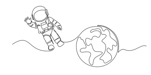 one continuous line astronaut and earth.single line vector astronaut waving hand.line art.eps 10