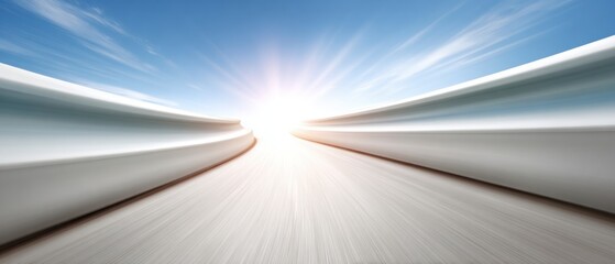 Blurry light streaks on a highway lane under a bright sunny sky road speed