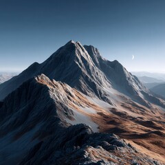 Jagged mountain peaks under a clear sky with a crescent moon visible in the distance