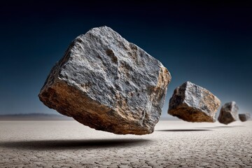 Large grey rocks suspended mid air over a cracked dry desert floor with a dark blue sky