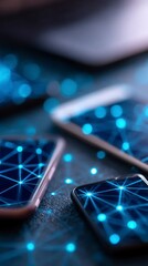 Multiple smartphones display glowing blue network patterns with abstract bokeh lights