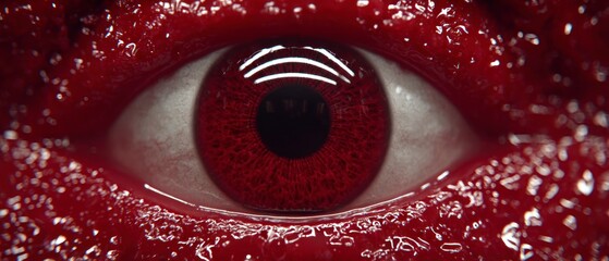 Extreme close up macro view of a human eye with vibrant red iris and textured shiny surrounding skin