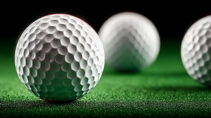 Three white golf balls arranged on a green textured surface with a dark background
