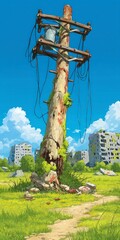 Weathered telephone pole with overgrown vegetation stands amidst abandoned damaged buildings under a bright blue sky