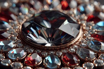 Extreme close up macro shot of a cluster of faceted diamonds and gemstones sparkling with light reflections