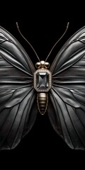Detailed dark metallic butterfly sculpture with gemstone on black background