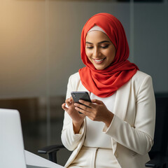 arab saudi arabian woman using a mobile phone. Beautiful portrait of Middle Eastern muslim businesswoman manager using cell phone mobile. Smiling young indian woman wearing hijab.