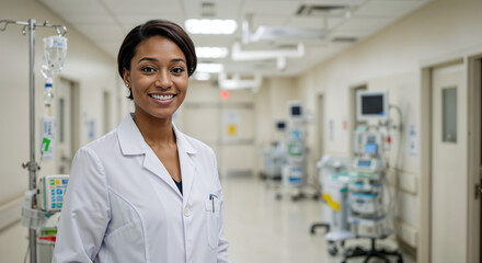 Fototapeta premium Confident female doctor in a white coat smiling at the camera