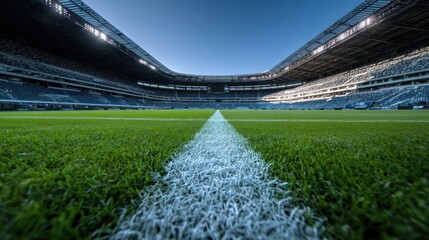 Empty modern soccer stadium under sunny sky