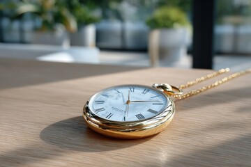 Gold pocket watch resting on wooden table with gold chain