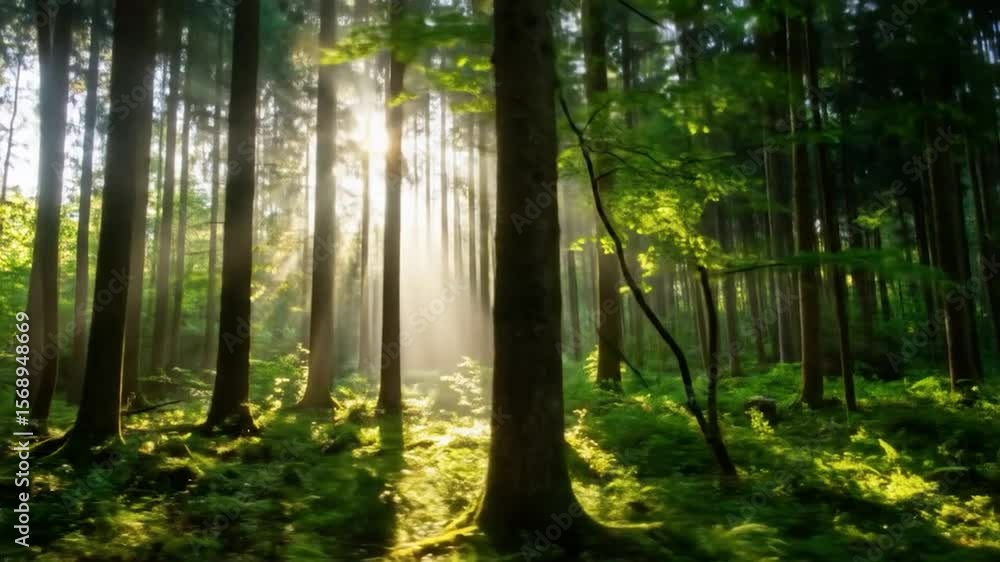 Poster sunlight streams through a lush forest