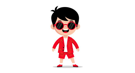 Stylish Boy in Red Suit and Sunglasses