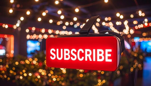 Illuminated Red Subscribe Sign with Bokeh Lights - Powered by Adobe