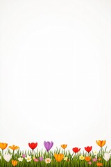 Obraz premium Colorful spring flowers and green grass border on a white background. Vector illustration for seasonal design.