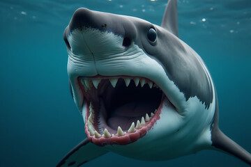 Great White Shark Swimming Underwater with Mouth Wide Open Showing Sharp Teeth

