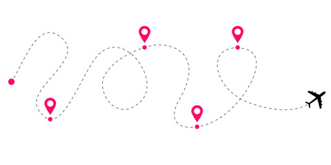 Flight route line set with airplane path illustrations featuring dashed tracking trails and dotted navigation curves for aviation map visuals and aircraft travel themed stock vector designs © Svitlana Tolmach 