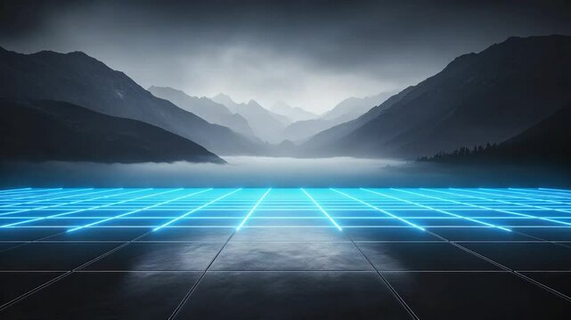A dark, tiled platform stretches into a misty mountain landscape, highlighted by glowing blue neon lines