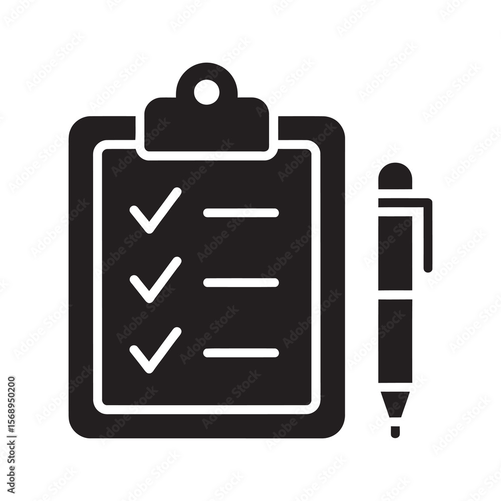 Poster task management glyph icon with a clipboard checklist and pen for project planning to do list organi