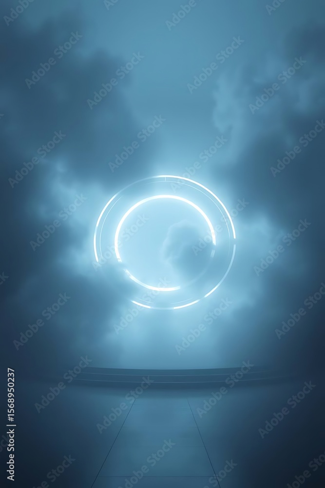Poster celestial gateway illuminated above ethereal platform with foggy clouds