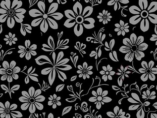 Elegant Floral Repeat Pattern on Black Backdrop for Textile and Decor