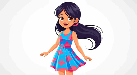 Smiling Girl in a Floral Dress: A Cute Cartoon Illustration